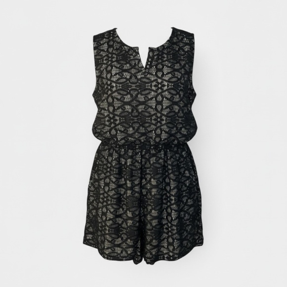 Xhilaration Black Lace Romper Sleeveless Overlay Nude Lined Shorts Size L
